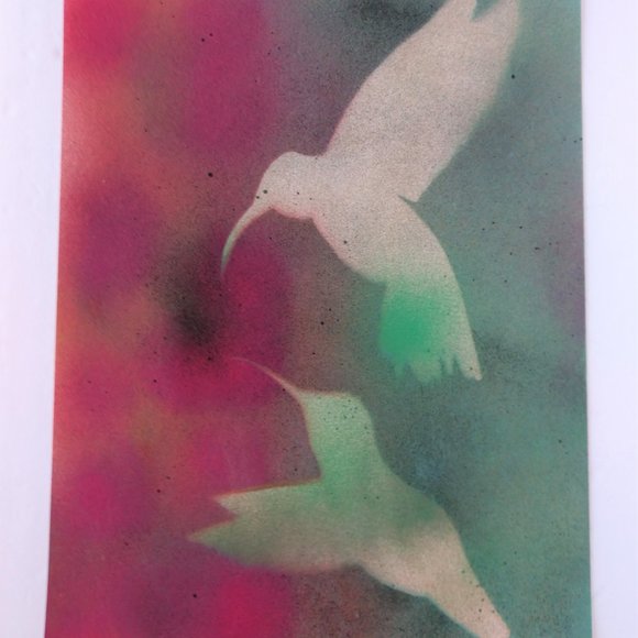 Handmade Painting of Two Hummingbirds In Flowers 15x11 inch - Picture 11 of 15